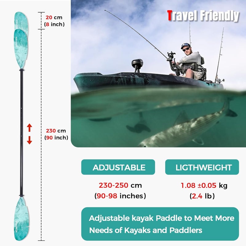 WONITAGO Angler Kayak Paddles Carbon Fiber Shaft and Plastic Blade, Floating Adjustable Fihsing Kayak Oars with Paddle Leash, 230-250cm/90-98 inch - Image 5